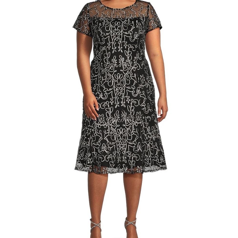 Black and Silver A-Line Midi Dress with Flutter Sleeves